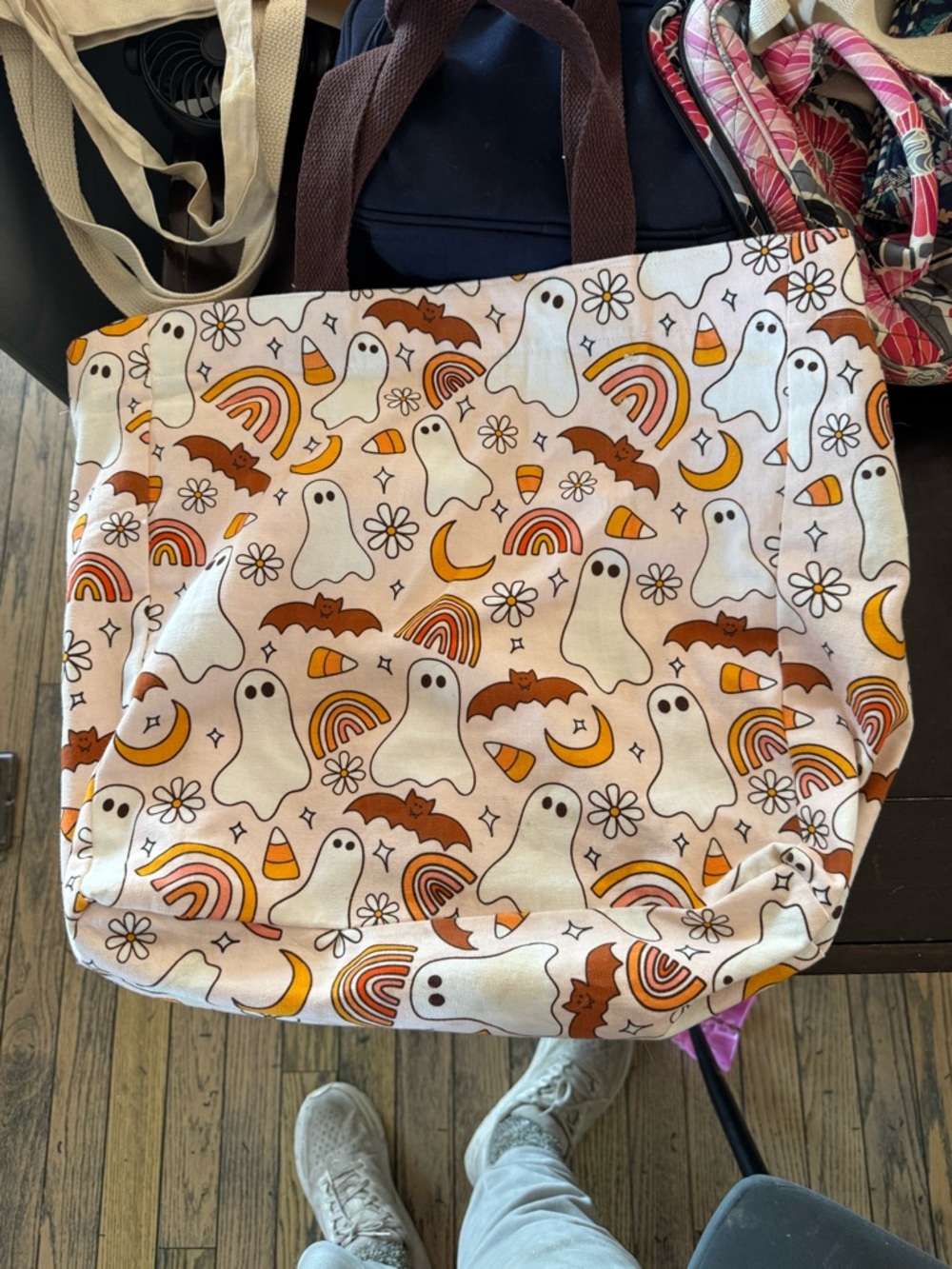 Halloween Ghost Print Canvas Tote Bag in Cream and Orange PLUS MYSTERY BOOK
